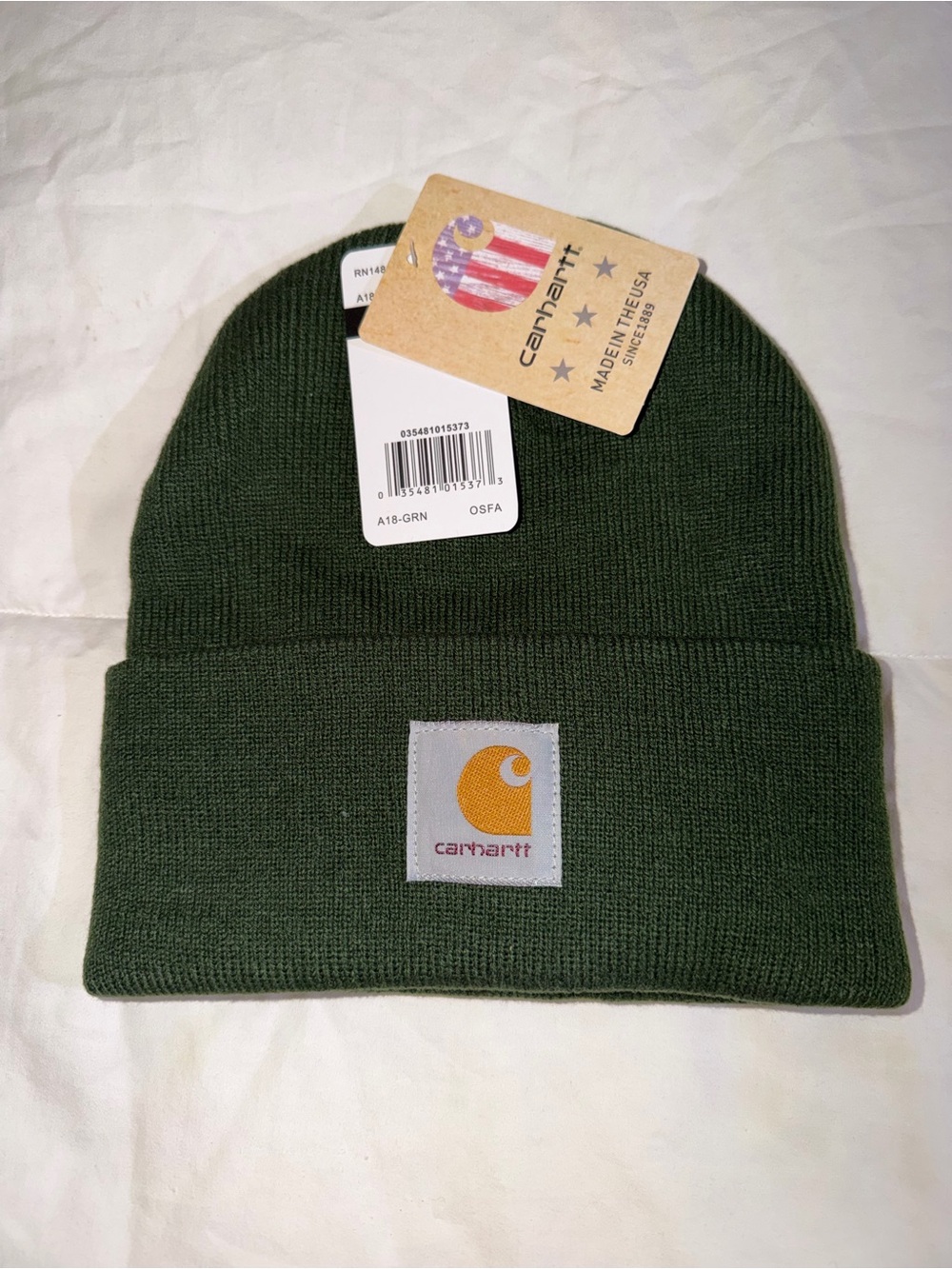 Carhartt Olive Green Ribbed Cuff Beanie with Gold Logo Patch